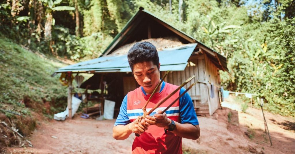 D one looks at a root he picked from the jungle