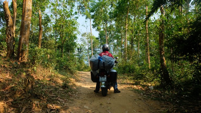 Bike enters a dirt road on West Ho Chi Minh Trail surrounded by trees