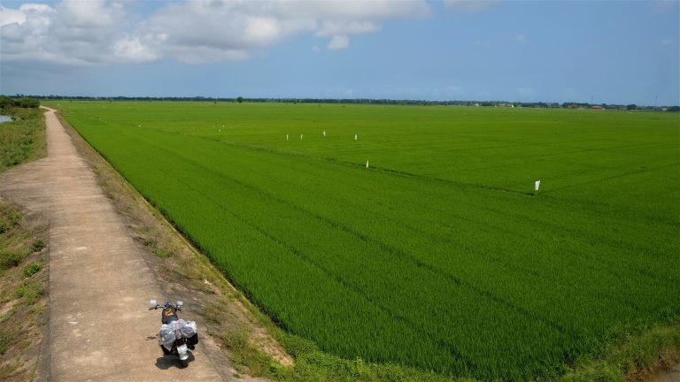 A picture from above overlooking farmland and the motorbike