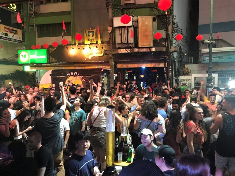 People party and gather on the street in Khaosan Road